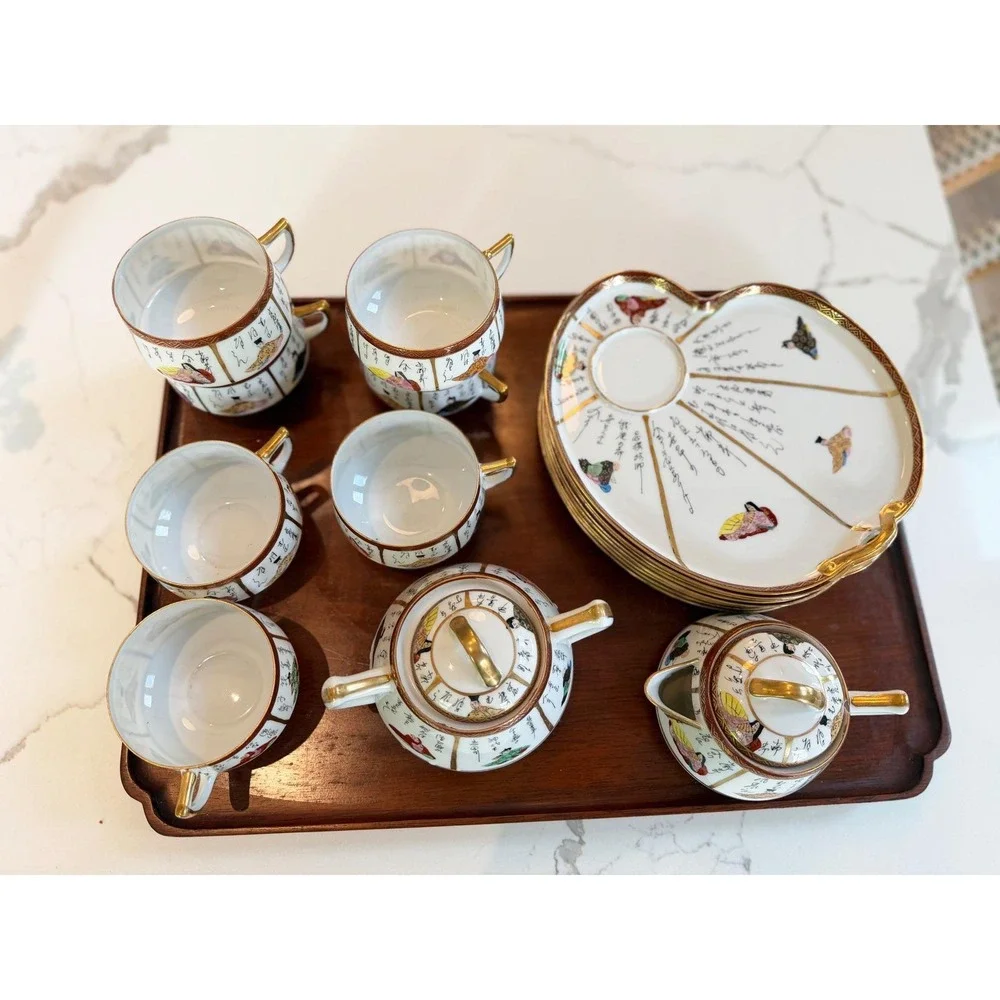 Antique Vintage Japanese KUTANI 100 Poets‎ Porcelain Tea Set Gold Gilt